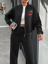 Black cherry bomber jacket with red white embroidery in Zip Up Dropped Shoulder set