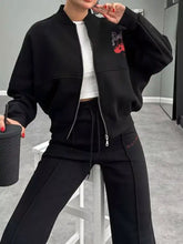 Black cropped bomber jacket with red cherry embroidery in Zip Up Dropped Shoulder set