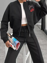Black bomber jacket with red cherry bow embroidery on chest, Zip Up Dropped Shoulder Set