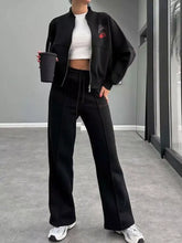 Zip up dropped shoulder black bomber jacket with cherry embroidery and pants set