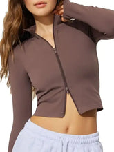 Brown zip-up cropped long sleeve active outerwear with high collar