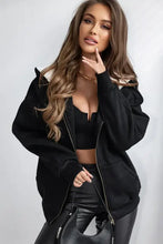 Zip Up Long Sleeve Hooded Jacket Black Woman Outerwear