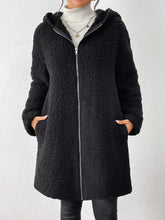Zip Up Long Sleeve Sherpa Hooded Coat Black Woman Outerwear