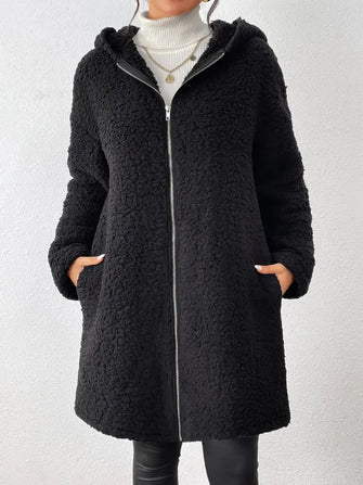 Zip Up Long Sleeve Sherpa Hooded Coat Black Woman Outerwear