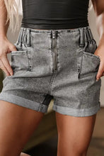 Zipped cuffed edge denim shorts with elastic high waist and front zipper