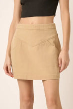 Tan twill fabric mini skirt with zipper back in khaki