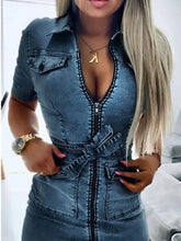 Blue denim zipper front short sleeve denim dress with belt tie in a casual sleeve denim dress style