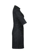 Black zipper front short sleeve denim dress with belted waist in durable denim fabric