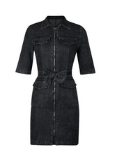 Black denim dress with short sleeves, front zipper closure, and tied waist belt in a short sleeve denim style