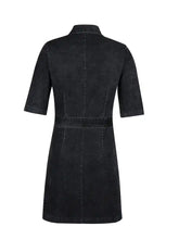 Black short sleeve denim dress with zipper front collar detail in soft durable denim fabric