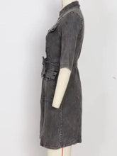 Dark gray distressed short sleeve denim dress with collar and front zipper closure for casual wear
