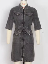 Dark gray short sleeve denim dress with collar front zipper and belt tied at the waist for a stylish fit