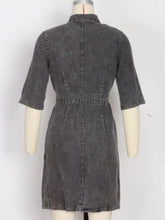 Dark gray distressed denim dress with collar and three quarter sleeves featuring a zipper front short sleeve denim design