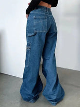 Blue denim zipper pocket wide leg cargo jeans with multiple pockets and wide leg design for casual wear