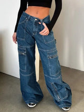 Blue denim cargo jeans with wide leg cut and multiple zipper pockets showcasing zipper pocket wide design