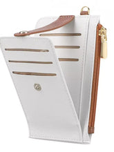 Zippered leather card holder wallet in white with brown accents and gold zipper