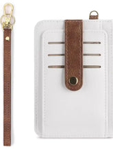 Back of Zippered Leather Card Holder Wallet in white with brown strap and gold hardware