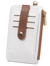 Zippered white faux leather card holder wallet with brown strap and gold zipper