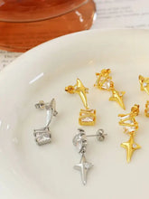 Zircon Copper Geometric Drop Earrings with Star-Shaped Silver and Gold Drops
